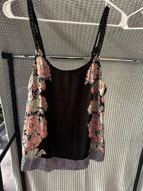 Free People Black Camisole with Pink Floral Side Panels and Decorative Hem